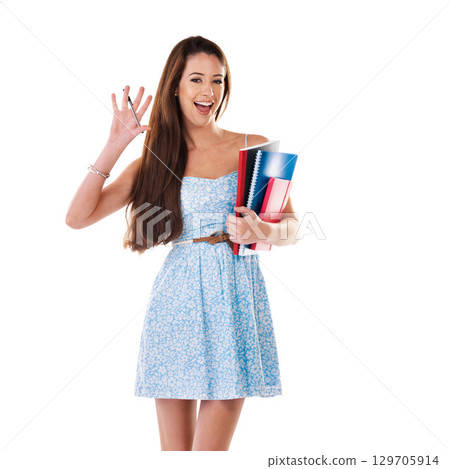 Woman, studio portrait and books with smile, study and white background at college, education or future. Isolated student girl, happy or studying with pen, focus or excited for learning at university Woman, studio portrait and books with smile, study and white background at college, education or future. Isolated student girl, happy or studying with pen, focus or excited for learning at university 129705914