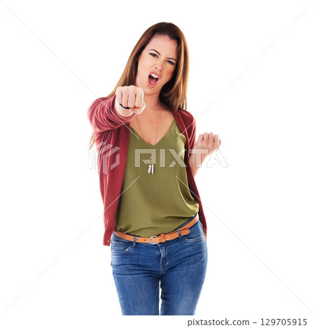 Punch, fight gesture and portrait of a woman with casual and cool fashion with white background. Isolated, fighting and person hands punching in a studio alone with female empowerment and karate 129705915