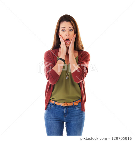 Woman, shocked face portrait and hands for surprise, announcement or excited isolated in white background. Young female, scared facial expression and shock emoji with amazed hands gesture in studio Woman, shocked face portrait and hands for surprise, announcement or excited isolated in white background. Young female, scared facial expression and shock emoji with amazed hands gesture in studio 129705916