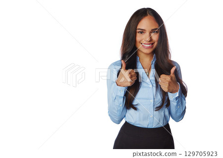 Business woman, hands and thumbs up for mockup discount, deal or winning against white studio background. Portrait of isolated happy female employee standing with thumbsup for good job, done or sale Business woman, hands and thumbs up for mockup discount, deal or winning against white studio background. Portrait of isolated happy female employee standing with thumbsup for good job, done or sale 129705923