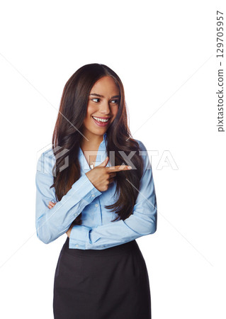 Happy, finger and business woman pointing in a studio for advertising, marketing or mockup. Happiness, smile and female model with corporate, classy and elegant outfit isolated by a white background. 129705957