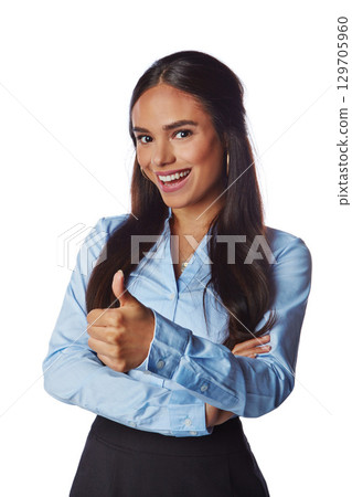 Business woman, smile and thumbs up for winning, deal or discount against white studio background. Portrait of a isolated happy female employee model standing with thumbsup for good job, done or sale 129705960