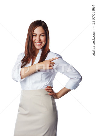 Discount, showing and pointing at opportunity by businesswoman isolated in a studio white background. Happy, excited and smiling corporate female presenting copy space for a promo deal 129705964
