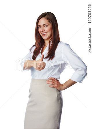 Thumbs up, success and business woman in studio portrait for winning, like and thank you isolated on white background. Yes, ok and winner corporate worker with vote, hand sign, emoji or thumb up 129705966