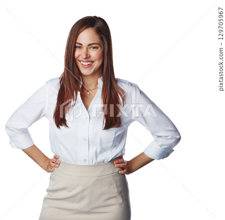 Business person, woman and smile standing isolated on white background with success and vision in portrait. Corporate job, leadership and female leader, happy with career and professional mockup 129705967