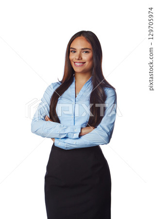 Isolated, business and portrait of woman with mockup in white background studio for management, leader and fashion. Happy, smile and confident with Brazilian girl and arms crossed for formal and cute Isolated, business and portrait of woman with mockup in white background studio for management, leader and fashion. Happy, smile and confident with Brazilian girl and arms crossed for formal and cute 129705974