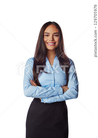 Isolated, business and portrait of woman with arms crossed in white background studio for management, leader and fashion. Happy, smile and confident with Brazilian girl for formal, cute and style 129705976