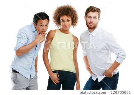 Diversity, people together and standing casual isolated in white background. Interracial models, comic friends and collaboration portrait for positive mindset, group success or support in studio Diversity, people together and standing casual isolated in white background. Interracial models, comic friends and collaboration portrait for positive mindset, group success or support in studio 129705991