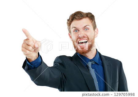Portrait, angry and businessman pointing in studio, frustrated and shouting on white background. Stress, threat and hand sign or warning, conflict or bullying, direction and aggression while isolated Portrait, angry and businessman pointing in studio, frustrated and shouting on white background. Stress, threat and hand sign or warning, conflict or bullying, direction and aggression while isolated 129705998