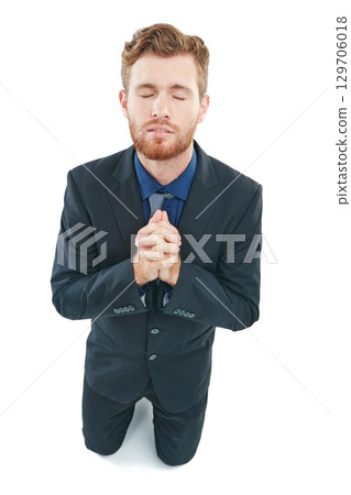 Praying, job and business man in studio for hiring, recruitment or career opportunity hope, faith and help. Prayer hands sign, emoji and corporate worker in job search, interview results or feedback Praying, job and business man in studio for hiring, recruitment or career opportunity hope, faith and help. Prayer hands sign, emoji and corporate worker in job search, interview results or feedback 129706018