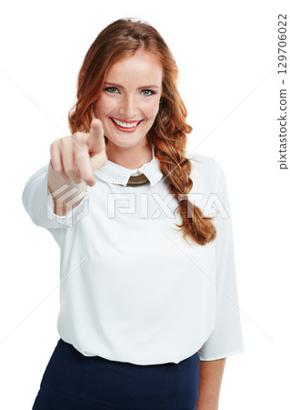 Happy, portrait and woman pointing her finger in a studio with a stylish, edgy and classy outfit. Happiness, smile and female model point for direction or sign language isolated by a white background Happy, portrait and woman pointing her finger in a studio with a stylish, edgy and classy outfit. Happiness, smile and female model point for direction or sign language isolated by a white background 129706022