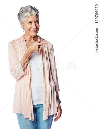Studio mock up, senior and old woman point at sales promo, luxury present gift or discount deal mock up. advertising space, marketing product placement and happy model isolated on white background Studio mock up, senior and old woman point at sales promo, luxury present gift or discount deal mock up. advertising space, marketing product placement and happy model isolated on white background 129706050