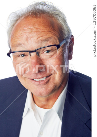 Senior businessman, studio portrait and smile for success, experience or knowledge by white background. Elderly corporate leader, ceo and isolated for motivation, goals or happy headshot with glasses 129706063
