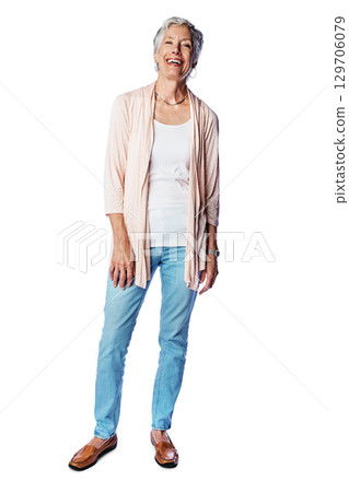 Senior woman, standing and isolated on a white background for profile with smile. Portrait of a happy elderly model woman, lady or person smiling in happiness against a white studio background 129706079