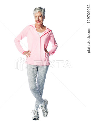 Exercise, fitness and old woman portrait for health and wellness in studio with a healthy lifestyle. Body of happy senior female isolated on a white background for fashion, energy and to lose weight 129706081