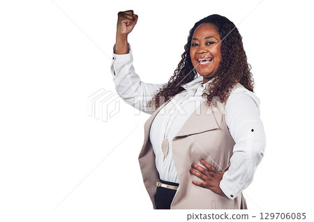 Black woman, success and portrait of small business owner in studio for celebration on white background. Face, happy and business woman excited for victory, wow and good news while cheering isolated 129706085