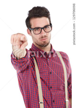 Blame, angry and man pointing portrait for conflict, problem or warning gesture for frustration. Unhappy, frustrated and anger of geek model with negative face on isolated white background. 129706098