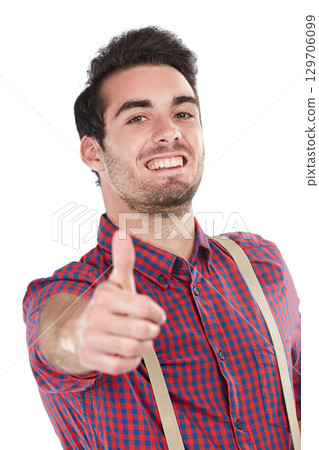 Winner, businessman and goal with thumbs up portrait for happiness, achievement and victory with smile. Young, gen z and happy worker with career success on isolated studio white background. 129706099