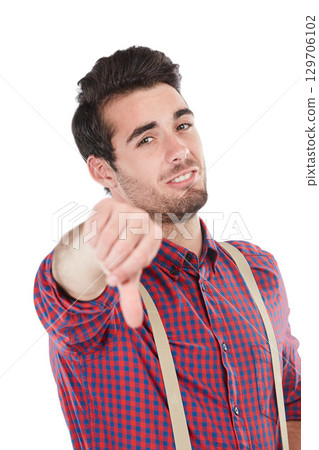 Thumbs down, man and portrait of a person showing negative, fail and no hand sign. White background, geek and hands of a male with loser and negative hand gesture of a nerd isolated in a studio Thumbs down, man and portrait of a person showing negative, fail and no hand sign. White background, geek and hands of a male with loser and negative hand gesture of a nerd isolated in a studio 129706102