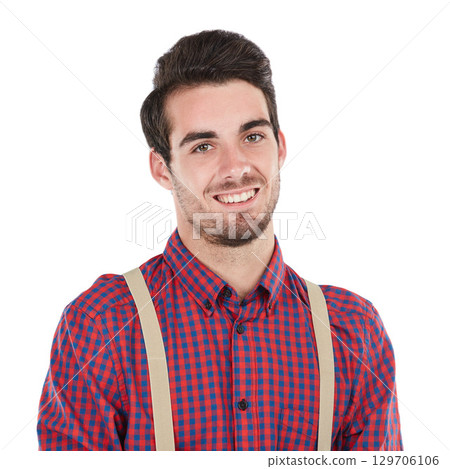Man, studio portrait and smile with confidence, happy and nerd aesthetic by white background. Model, young and isolated for fashion, happiness and hipster clothes with beard, handsome and beauty Man, studio portrait and smile with confidence, happy and nerd aesthetic by white background. Model, young and isolated for fashion, happiness and hipster clothes with beard, handsome and beauty 129706106