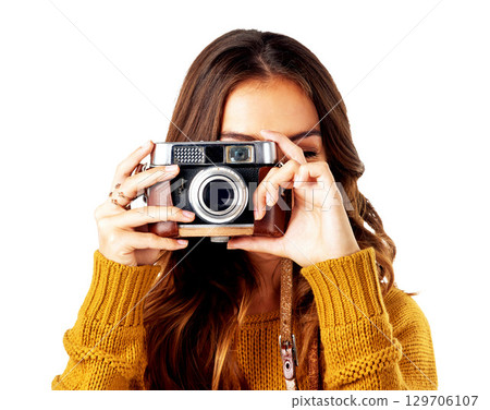 Photography woman, holding camera and studio for creativity, photoshoot or blog content by white background. Isolated photographer, creative and retro tech for photo, picture or art for artist career Photography woman, holding camera and studio for creativity, photoshoot or blog content by white background. Isolated photographer, creative and retro tech for photo, picture or art for artist career 129706107