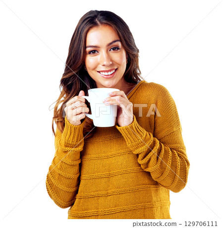 Woman, portrait and drinking coffee on isolated white background, marketing space or advertising mock up. Smile, happy and relax model with tea cup for cafe, coffee shop or restaurant promotion ideas Woman, portrait and drinking coffee on isolated white background, marketing space or advertising mock up. Smile, happy and relax model with tea cup for cafe, coffee shop or restaurant promotion ideas 129706111