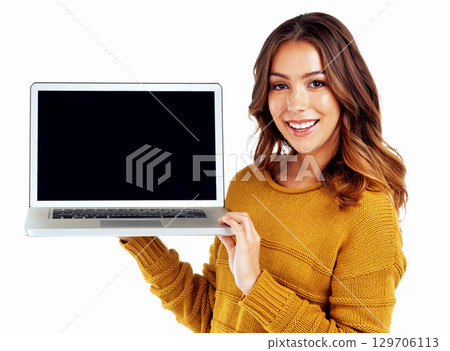 Woman, portrait or laptop mockup screen on isolated white background for college elearning, video call or ecommerce. Smile, happy or model on technology mock up for logo branding or digital marketing Woman, portrait or laptop mockup screen on isolated white background for college elearning, video call or ecommerce. Smile, happy or model on technology mock up for logo branding or digital marketing 129706113