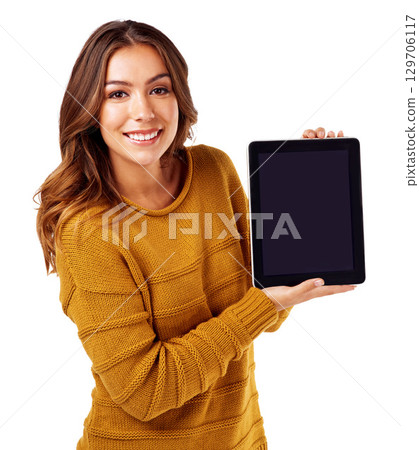 Woman, portrait or tablet mockup screen on isolated white background for college elearning, video call or ecommerce. Smile, happy or model on technology mock up for logo branding or digital marketing Woman, portrait or tablet mockup screen on isolated white background for college elearning, video call or ecommerce. Smile, happy or model on technology mock up for logo branding or digital marketing 129706117