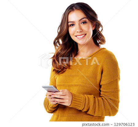 Portrait of happy woman with phone isolated and typing email, or message on white background mockup. Communication, technology and smartphone, social media influencer networking and surfing internet. 129706123