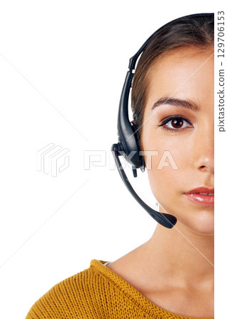 Call center, crm and half face of woman isolated and consulting with communication on white background. Telemarketing, sales and portrait of girl in headset at help desk or advisory agency in studio. Call center, crm and half face of woman isolated and consulting with communication on white background. Telemarketing, sales and portrait of girl in headset at help desk or advisory agency in studio. 129706153