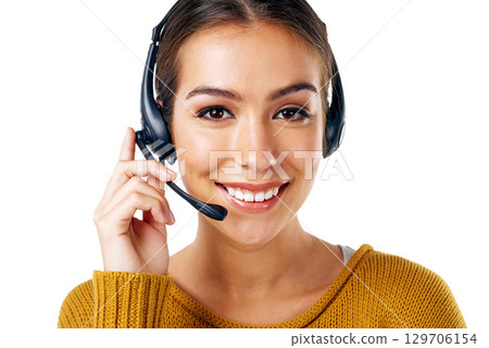 Call center consultant, portrait of happy woman isolated with smile and communication on white background. Telemarketing, crm and woman in headset at help desk for customer service agency in studio. 129706154