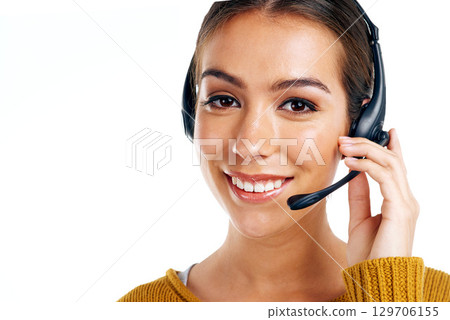Telemarketing, product placement and portrait of woman isolated with smile on white background. Call center agency, crm and girl in headset at advisory startup for customer service in studio mock up. Telemarketing, product placement and portrait of woman isolated with smile on white background. Call center agency, crm and girl in headset at advisory startup for customer service in studio mock up. 129706155