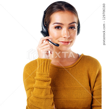 Call center, smile and portrait of woman isolated with consulting and communication on white background. Telemarketing, crm and girl in headset at help desk for customer service phone call in studio. Call center, smile and portrait of woman isolated with consulting and communication on white background. Telemarketing, crm and girl in headset at help desk for customer service phone call in studio. 129706160