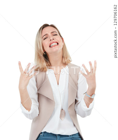 Stress, woman and frustrated hand gesture, portrait of isolated person crying on white background. People with mental health problem in studio with burnout and sad woman with hands up in frustration. Stress, woman and frustrated hand gesture, portrait of isolated person crying on white background. People with mental health problem in studio with burnout and sad woman with hands up in frustration. 129706162