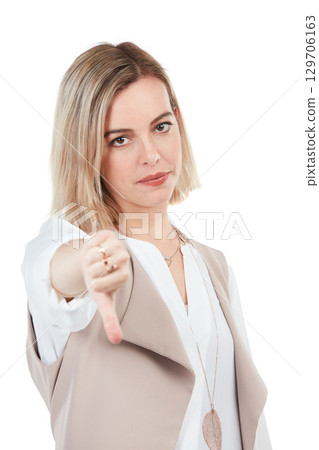 Vote, thumbs down and portrait of woman unhappy or disappointed opinion isolated on white background. Bad review, dislike and angry person or people with thumb down hand gesture or sign in studio. 129706163