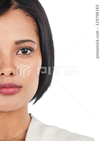 Confident, beautiful and portrait of the face of a woman isolated on a white background in studio. Serious, half and facial profile of a young professional girl with confidence on a studio background Confident, beautiful and portrait of the face of a woman isolated on a white background in studio. Serious, half and facial profile of a young professional girl with confidence on a studio background 129706165