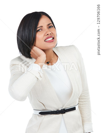 Woman, corporate portrait or neck pain in studio from stress, burnout or tired by white background. Black woman, business leader or isolated for injury, hurt muscle or frustrated in professional suit 129706166