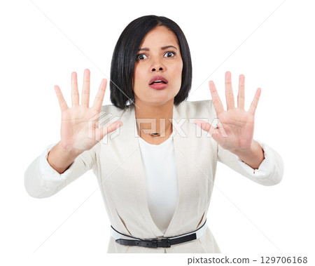 Scared, stop and portrait of a woman in a studio with a fear, shock and terrified facial expression. Defense, warning and female model with hand gesture or body language isolated by white background. 129706168