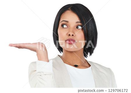 Advertising, mockup and black woman on a white background with hand for deal, discount and sign. Display, promotion and isolated headshot of girl for presenting news, showing and product placement Advertising, mockup and black woman on a white background with hand for deal, discount and sign. Display, promotion and isolated headshot of girl for presenting news, showing and product placement 129706172