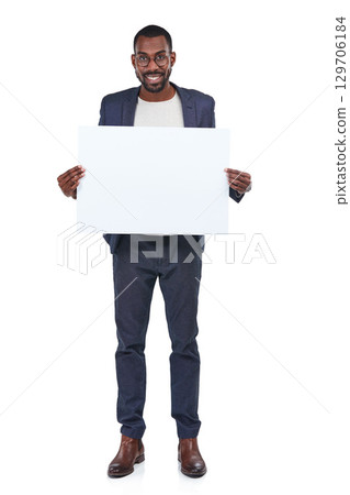 Businessman portrait, happy worker and poster mockup on marketing paper, advertising mock up and promotion space. Banner, blank and billboard sign for creative designer on isolated white background 129706184