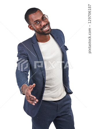 Businessman, portrait or handshake on isolated white background in trust deal, welcome or hello. Smile, happy or creative designer in shaking hands gesture for thank you, partnership or collaboration 129706187