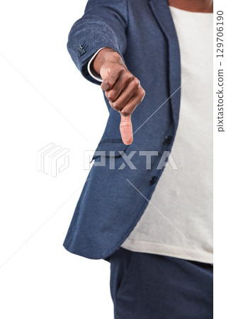 Black man, hands and thumbs down for fail, disagree or incorrect against a white studio background. Hand of isolated African American man showing thumb down gesture for failure on a white background Black man, hands and thumbs down for fail, disagree or incorrect against a white studio background. Hand of isolated African American man showing thumb down gesture for failure on a white background 129706190