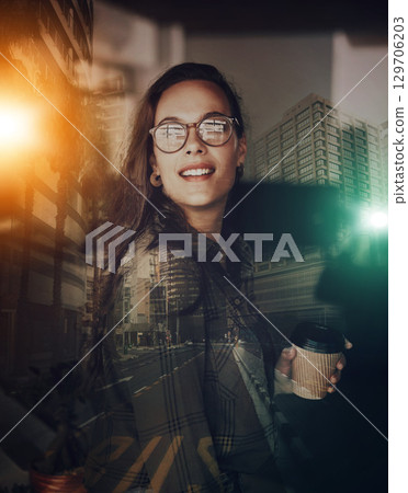 Overlay, businesswoman and holding coffee smile, happy and excited by startup company in a city. Young, professional and futuristic female with a positive mindset in the night, late and evening 129706203
