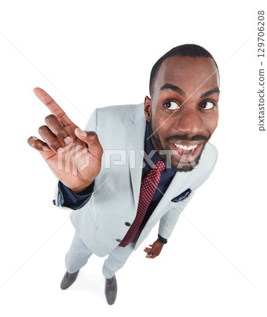 High angle, businessman or excited pointing finger on isolated white background, marketing space or advertising mockup. Smile, happy and curious corporate worker, creative pov or showing hand gesture 129706208