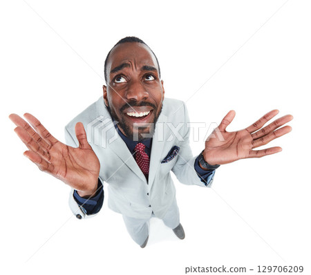 High angle, perspective or confused businessman on isolated white background, marketing space or advertising mockup. Thinking, curious and doubt for corporate worker with question emoji face or hands 129706209