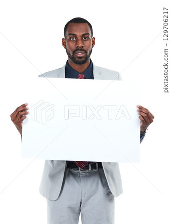 Portrait, businessman or paper poster for marketing space, advertising mockup or promotion mock up. Corporate worker, banner or blank billboard sign on isolated white background for about us branding 129706217