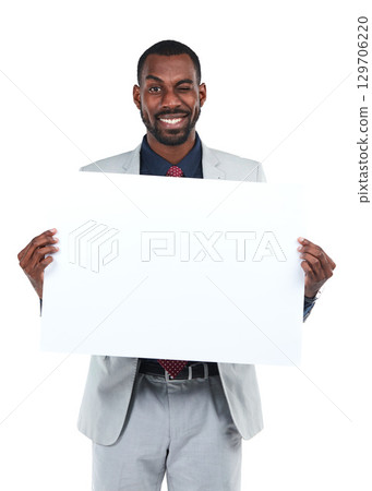 Portrait, businessman or wink for poster billboard deal, marketing space promotion or advertising paper mock up. Happy corporate worker, banner and blank branding mockup on isolated white background 129706220