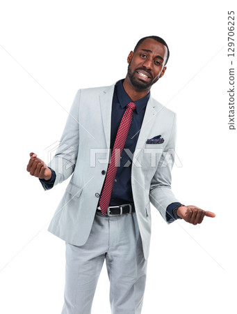 Portrait, businessman or mistake facial expression on isolated white background in finance loss, crisis or problem. Stress, anxiety or corporate worker burnout in stock market crash or financial risk 129706225