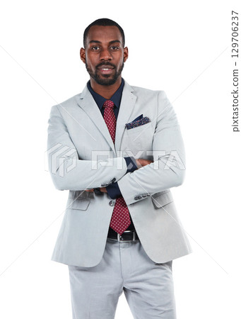 Businessman, success and CEO with portrait and executive, leadership and vision isolated on white background. Black man, black business and arms crossed with corporate boss, career goals with mindset Businessman, success and CEO with portrait and executive, leadership and vision isolated on white background. Black man, black business and arms crossed with corporate boss, career goals with mindset 129706237