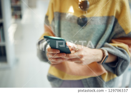 Search, analytics or zoom of hands with phone for internet research, social media content or networking. Planning, internet or hand on smartphone for social network, blog review or media web design 129706337